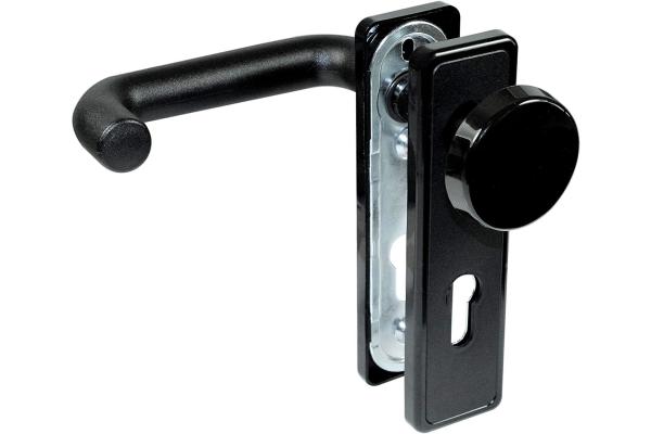 Stahltür/FH Tür Komplett Set Beschlag (einseitig Knauf) + FH Schloss (DIN Links/Rechts Falle und Riegel Mittig) + Profilzylinder