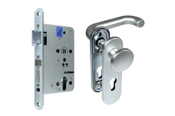 Paniktür Stahltür / FH Tür Set Aluminium Beschlag ( einseitig Knauf ) + FH Panikschloss Funktion E , DIN Links