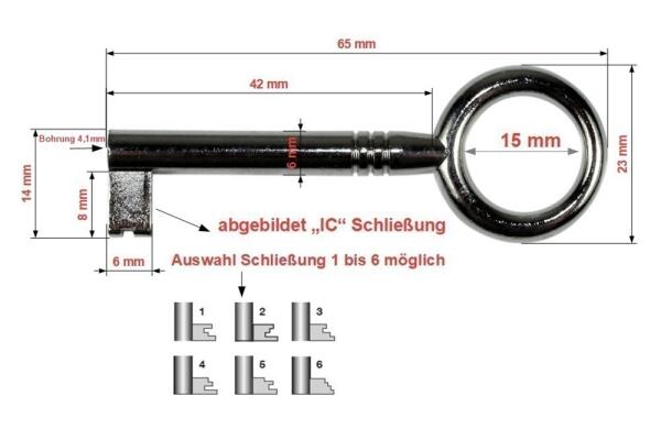 Ersatzschlüssel für Möbelschlösser, vernickelt, mit Dornloch 4,1mm, (2 Stück, Schließung: 3)