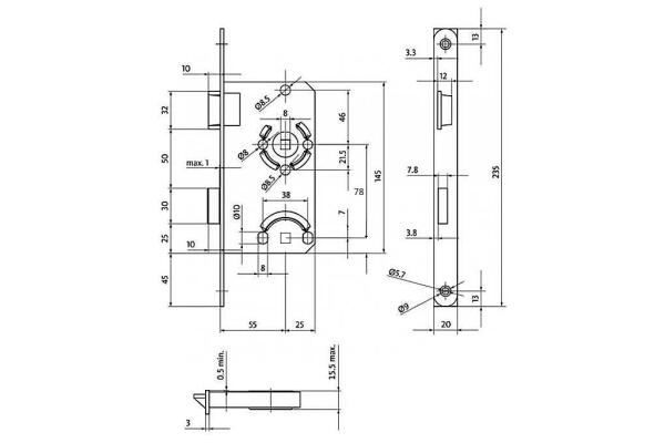 BKS Badschloss, DIN Rechts, 55/78/8, Stulp: abgerundet, 20 x 235mm