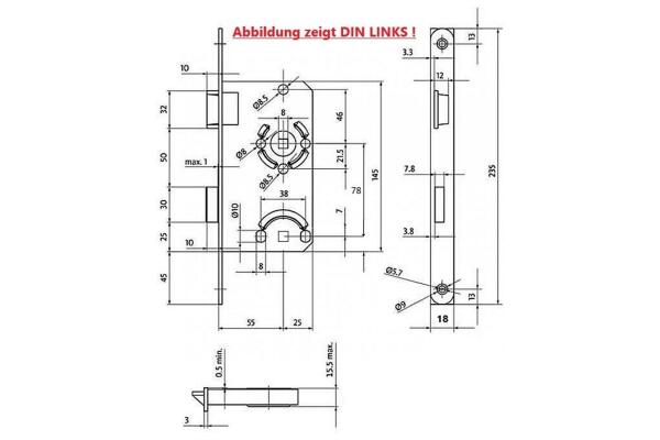 BKS Badschloss, DIN Links, 55/78/8, Stulp: abgerundet, 18 x 235mm