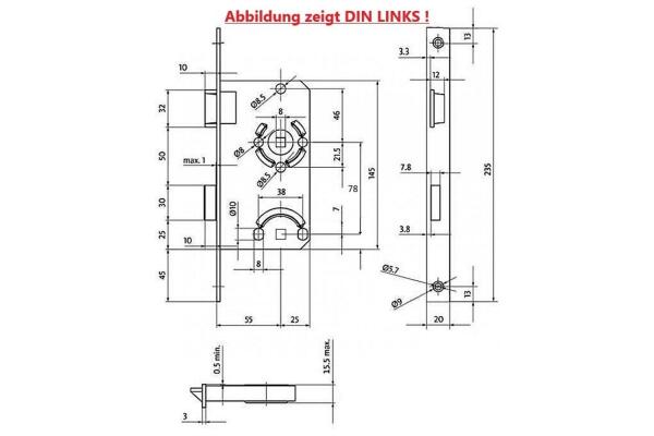 BKS Badschloss, DIN Rechts, 55/78/8, Stulp: eckig, 20 x 235mm