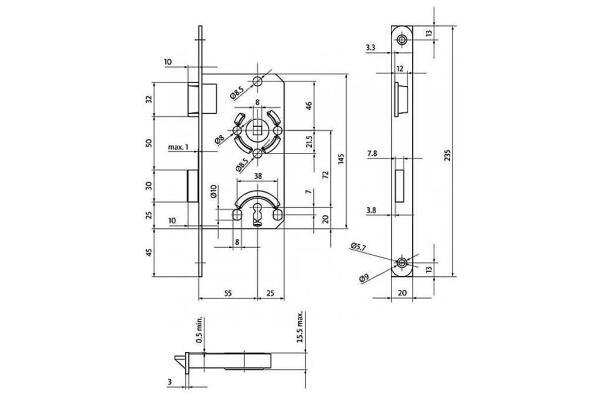 BKS Buntbartschloss, DIN Rechts, 55/72/8, Stulp: abgerundet, 20 x 235mm