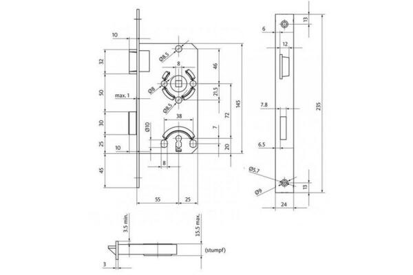 BKS Buntbartschloss, DIN Rechts, 55/72/8, Stulp: eckig, 24 x 235mm