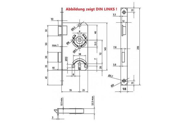 BKS Buntbartschloss, DIN Rechts, 55/72/8, Stulp: abgerundet, 18 x 235mm