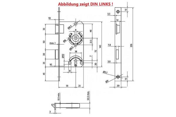BKS Buntbartschloss, DIN Rechts, 55/72/8, Stulp: eckig, 20 x 235mm