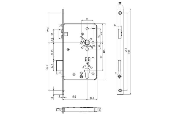 BKS Haustürschloss PZ, DIN Links, 65/92/10, Stulp: eckig, 22x3x280mm