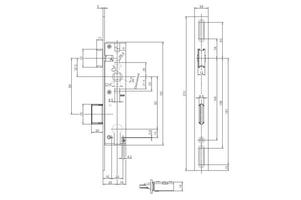 BKS Reparatur Rohrrahmenschloss für PZ, DIN R/L, 25/92/10, eckig, 24x270x3mm