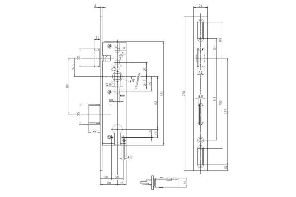 BKS Reparatur Rohrrahmenschloss für PZ, DIN R/L, 30/92/8, eckig, 24x270x3mm