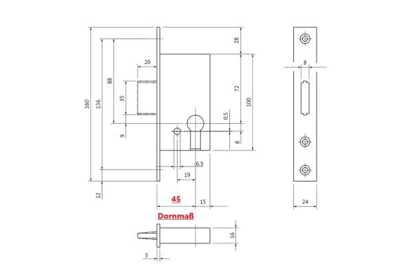 BKS Riegelschloss für PZ, DIN R/L, Dornmaß: 45mm, Stulp: eckig, 24x160x3mm