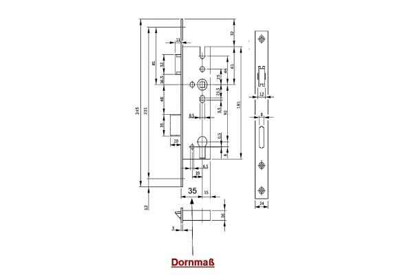 BKS Rohrrahmenschloss für PZ, DIN R/L, 35/92/8, eckig, 24x245x3mm