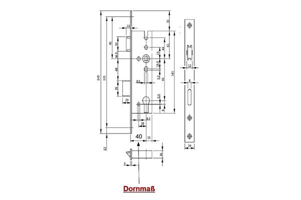 BKS Rohrrahmenschloss für PZ, DIN R/L, 40/92/8, eckig, 24x245x3mm