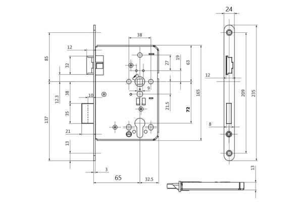 BKS FH-Schloss für PZ, DIN Links, 65/72/9, Stulp: abgerundet, 24x3x235mm
