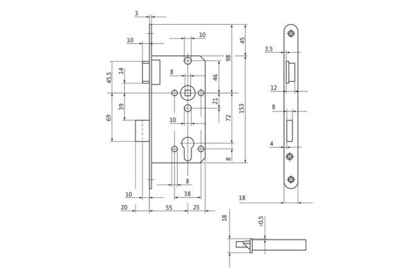 BKS Profilzylinderschloss, DIN Rechts, 55/72/8, Stulp: abgerundet, 18 x 235mm