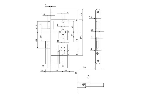 BKS Profilzylinderschloss, DIN Links, 55/72/8, Stulp: abgerundet, 20 x 235mm
