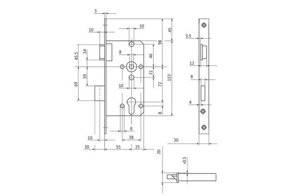 BKS Profilzylinderschloss, DIN Rechts, 55/72/8, Stulp: eckig, 20 x 235mm