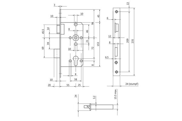 BKS Profilzylinderschloss, DIN Rechts, 55/72/8, Stulp: eckig, 24 x 235mm
