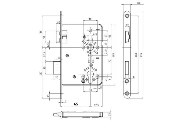 BKS Profilzylinderschloss, DIN Links, 65/72/8, Stulp: abgerundet, 20x3x235mm