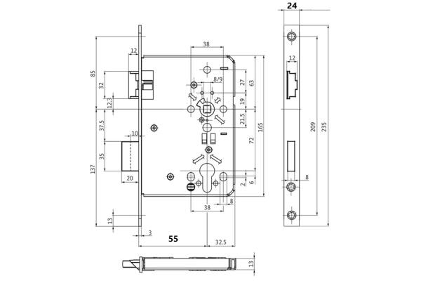 BKS Profilzylinderschloss, DIN Links, 55/72/8, Stulp: eckig, 24x3x235mm