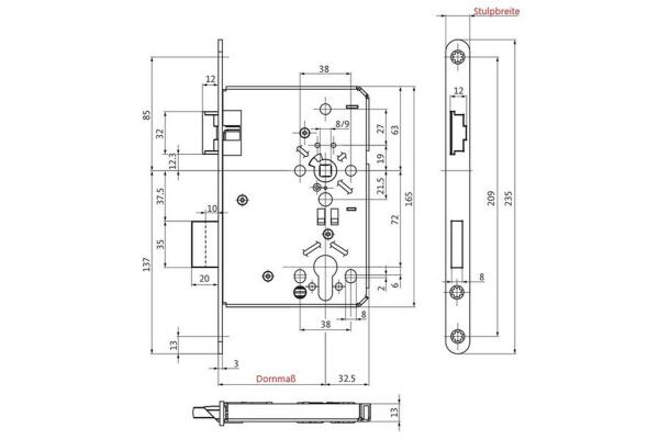 BKS Profilzylinderschloss mit Flüsterfalle, DR, 55/72/8, Stulp: abgr., 20x235mm
