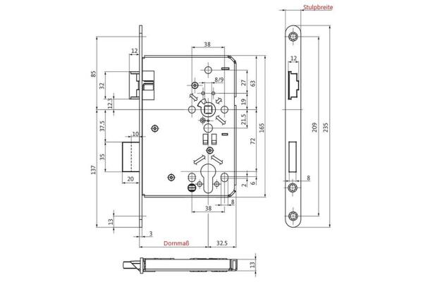 BKS Profilzylinderschloss mit Flüsterfalle, DR, 55/72/8, Stulp: abgr., 24x235mm