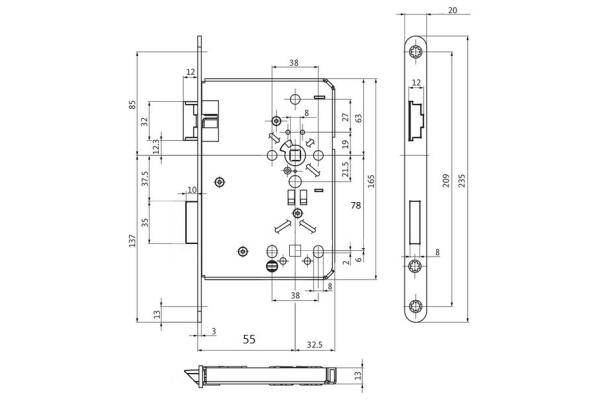 BKS Badschloss, DIN Links, 55/78/8, Stulp: abgerundet, 20x3x235mm
