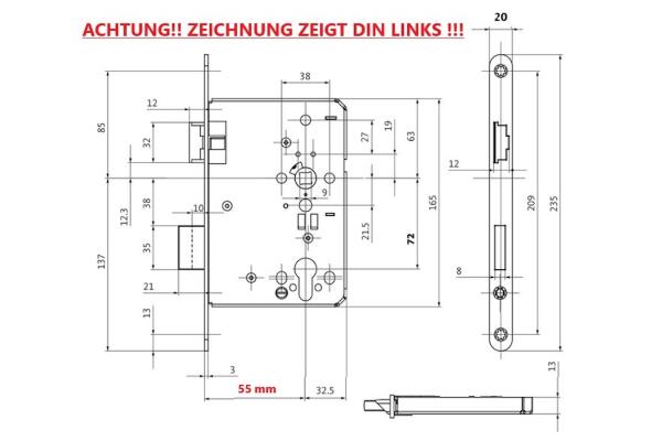 BKS FH-Einsteckschloss PZ mW DIN DL , 55/72/9, Stulp 20 x 235 x 3 mm (abgerundet)
