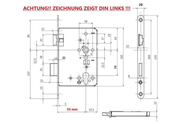 BKS FH-Einsteckschloss PZ mW DIN DR , 55/72/9 Stulp 20 x 235 x 3 mm (abgerundet), B-12060-32-R-2