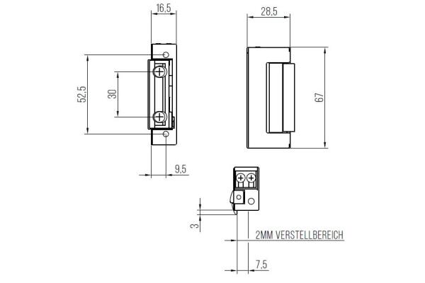 DENI Türöffner 20181 schmale Ausführung mit Radiusfalle , DIN L/R , Arbeitsstrom 12V AC/DC ,100% ED bei 12V DC , Mit Tagesentriegelung , 20181 2280 33