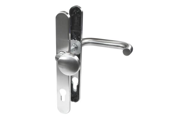 Rohrrahmen Langschild Wechselgarnitur, Entfernung 92mm, PZ gelocht oval, Vierkant 8mm, TS 65-80, Edelstahl matt, BKS Rondo, B-70340-60-0-8