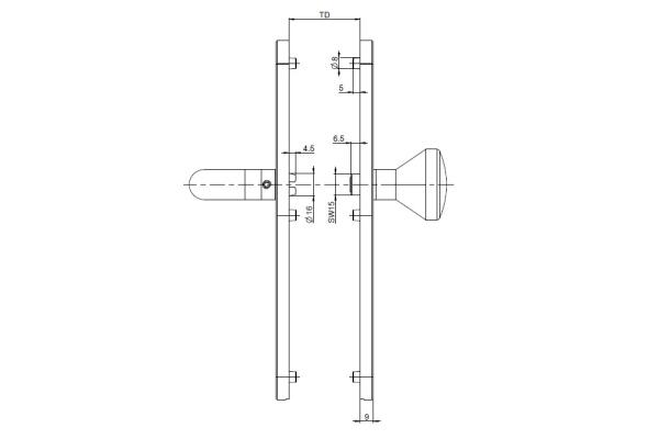 Rohrrahmen Langschild Wechselgarnitur, Entfernung 92mm, PZ gelocht oval, Vierkant 8mm, TS 65-80, Edelstahl matt, BKS Rondo, B-70340-60-0-8
