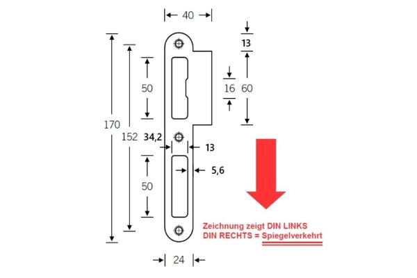 Lappen-/Flachschließblech 4589 für Zimmertüren 170 mm Länge, 24 mm Breite, 40 mm Lappen | DIN Rechts | Silber