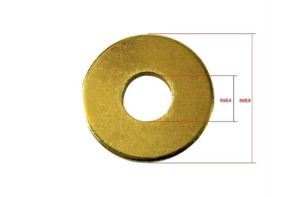 Messing Unterlegscheiben DIN 9021; Material: Massiv Messing, Innendurchmesser: 5,3mm ( Maß A ), Aussendurchmesser: 14,6mm ( Maß B ), Materialstärke: 1,1mm