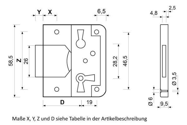 Möbelschloss hinterschraub, 50 mm Dornmaß , vern. Nutbart