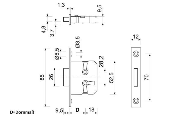 Möbelschloss einsteck, 30 mm Dornmaß , verschiedenschließend